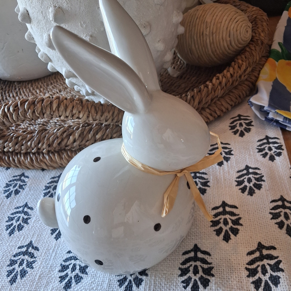 Black & White Ceramic Polka Dot Bunny Figurine with Raffia Ribbon